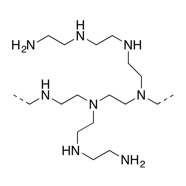 Chemical structure of bPEI 10000 (19850): a highly branched polyamine with cationic charge density. Contains primary, secondary, and tertiary amines.
