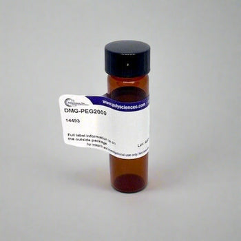 DMG-PEG2000 (14493) packaged in a vial labeled with product ID and Polysciences logo against white background